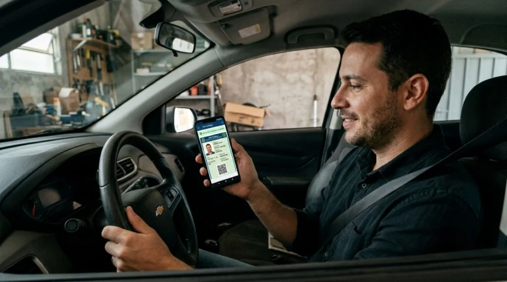 Motorista dentro do carro segurando o celular com a CNH digital